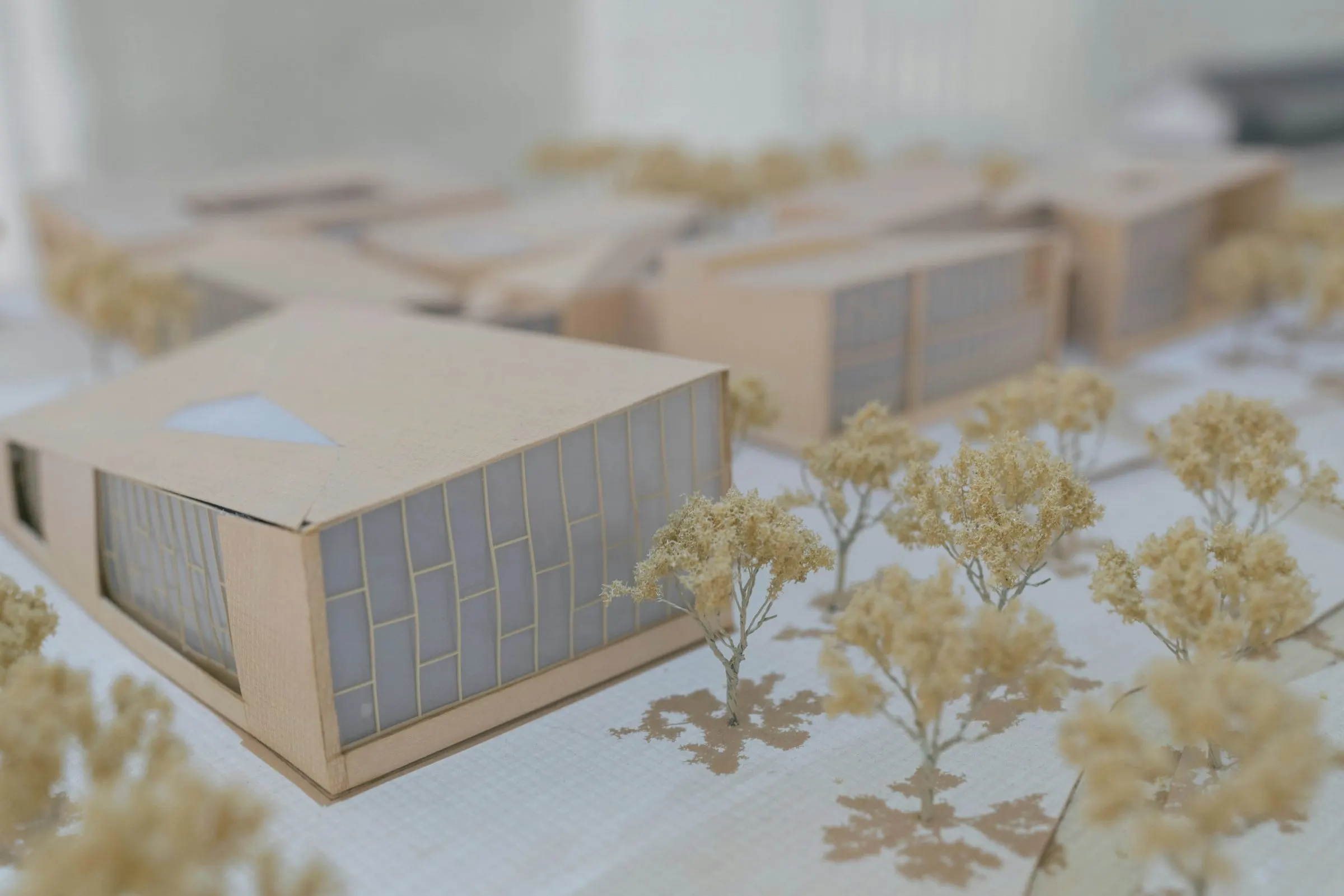 Architectural model of a building and landscaped grounds with model trees