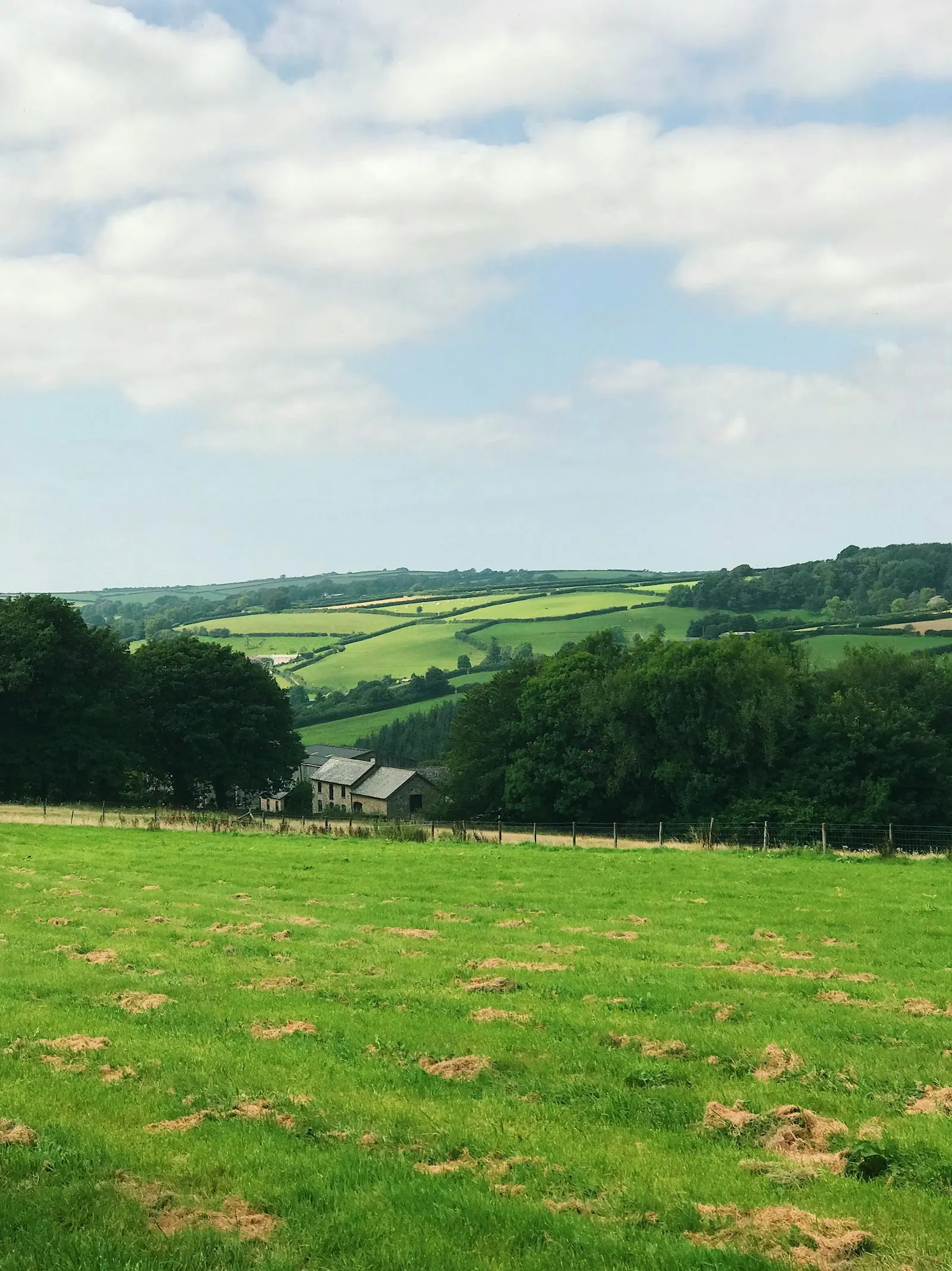 English countryside of fields, hedgerows and woodland under a broad sky